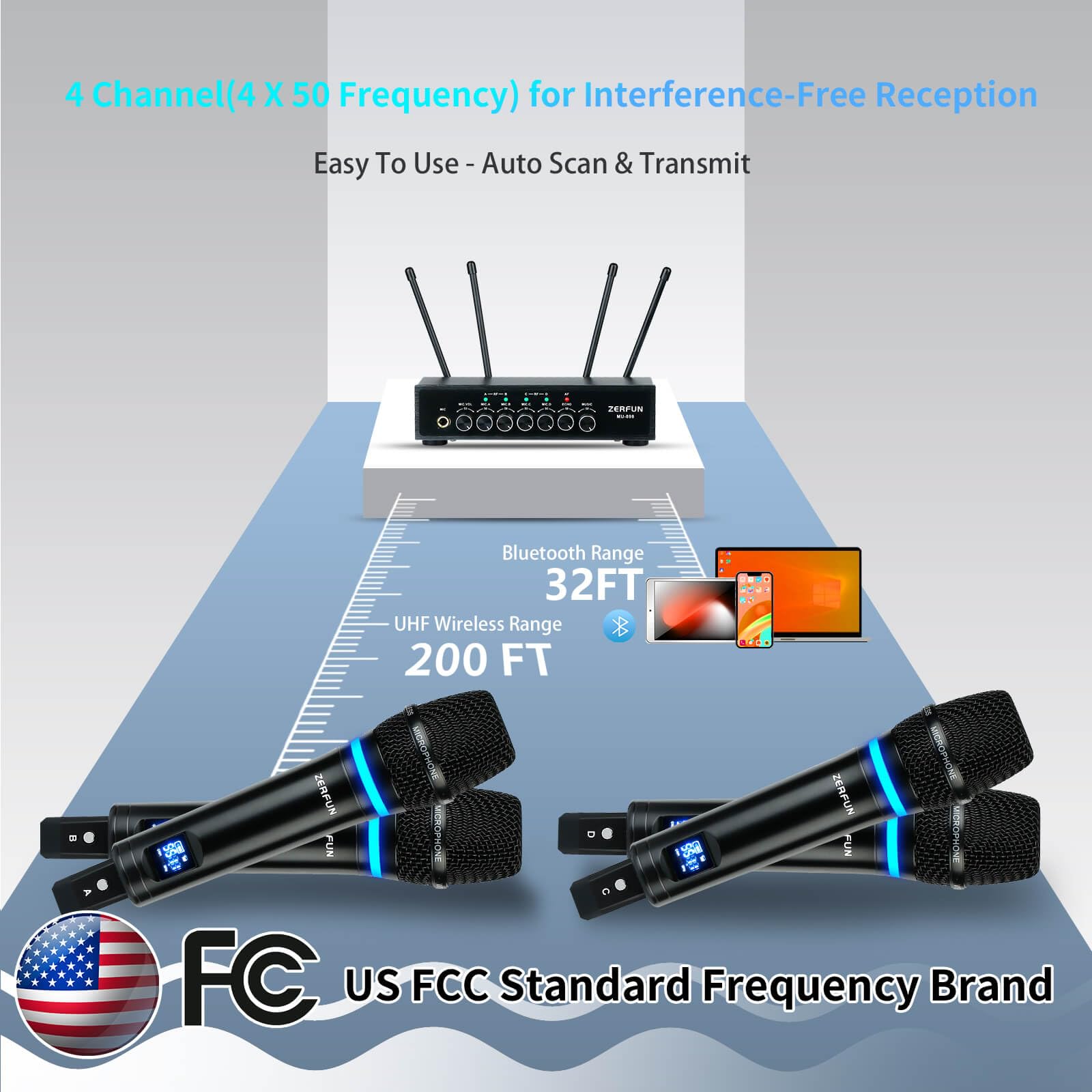 ZERFUN 4 Channel Rechargeable Wireless Microphone System(MU-898)