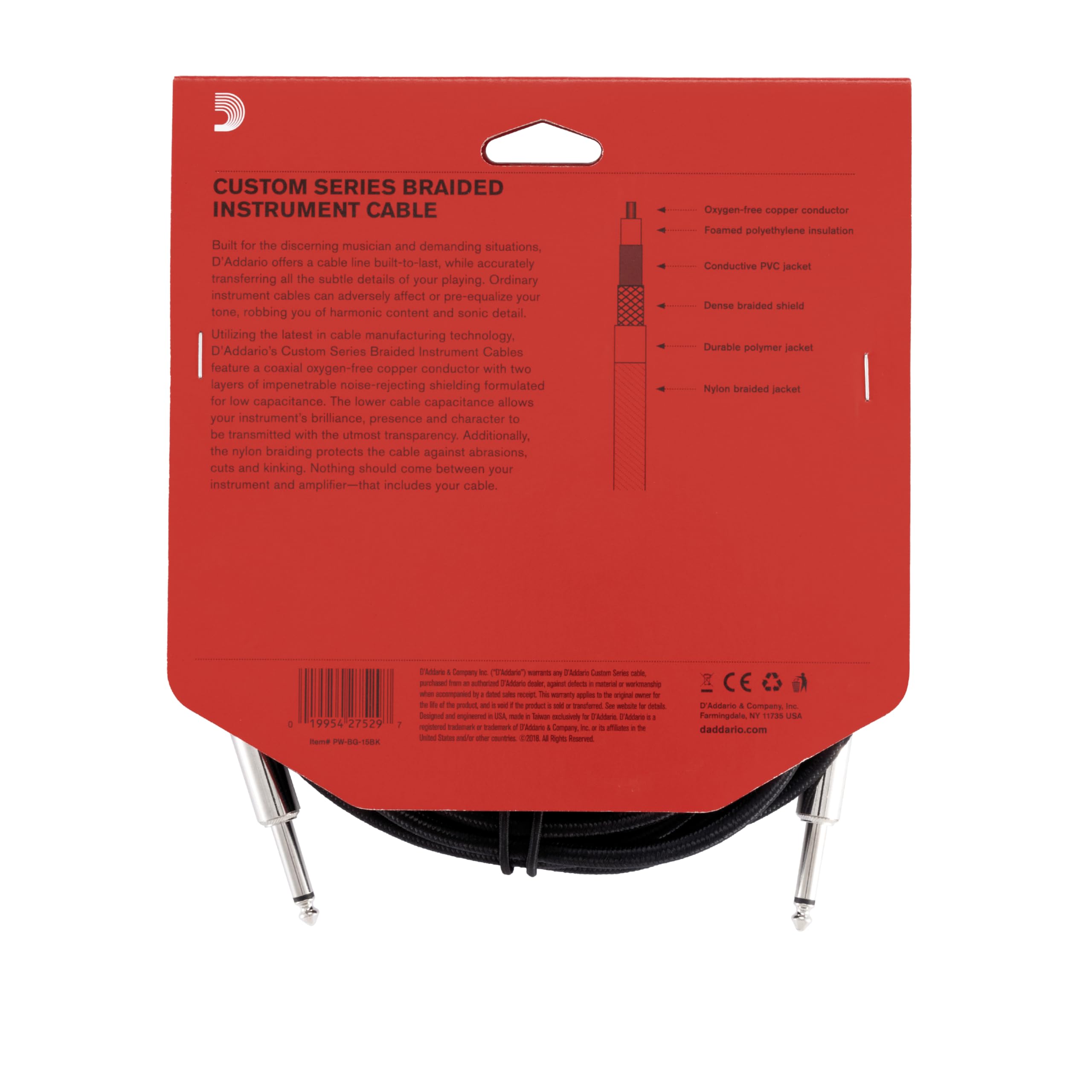 D’Addario PW-BG-15BK Instrument Cable – 15 Feet