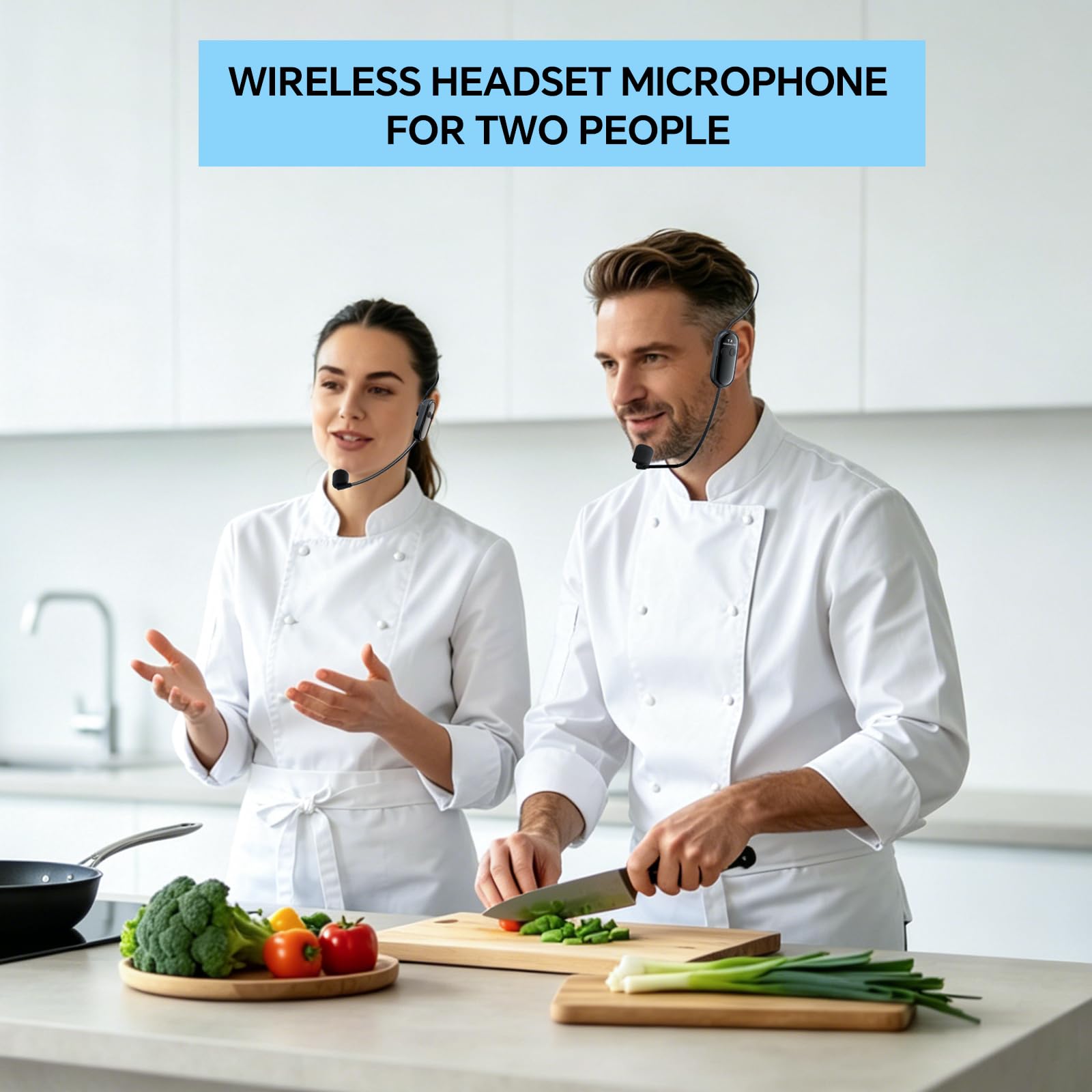 XIAOKOA Wireless Headset Microphone System for 2 People, 2.4G Dual Head Mic