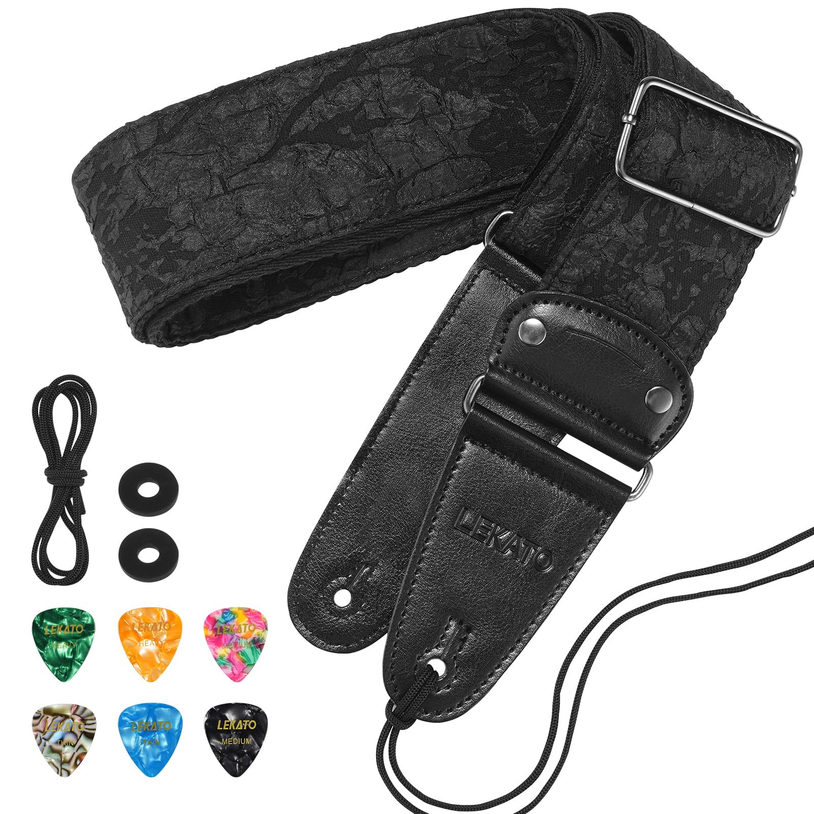 LEKATO Guitar Strap, Anaglyph Embossed Floral Pattern Guitar Straps for Electric Bass Acoustic Guitar 2.5″ Wide Bass Strap Padded Guitar Straps with Picks & Blocks, Cable Fixing, Black