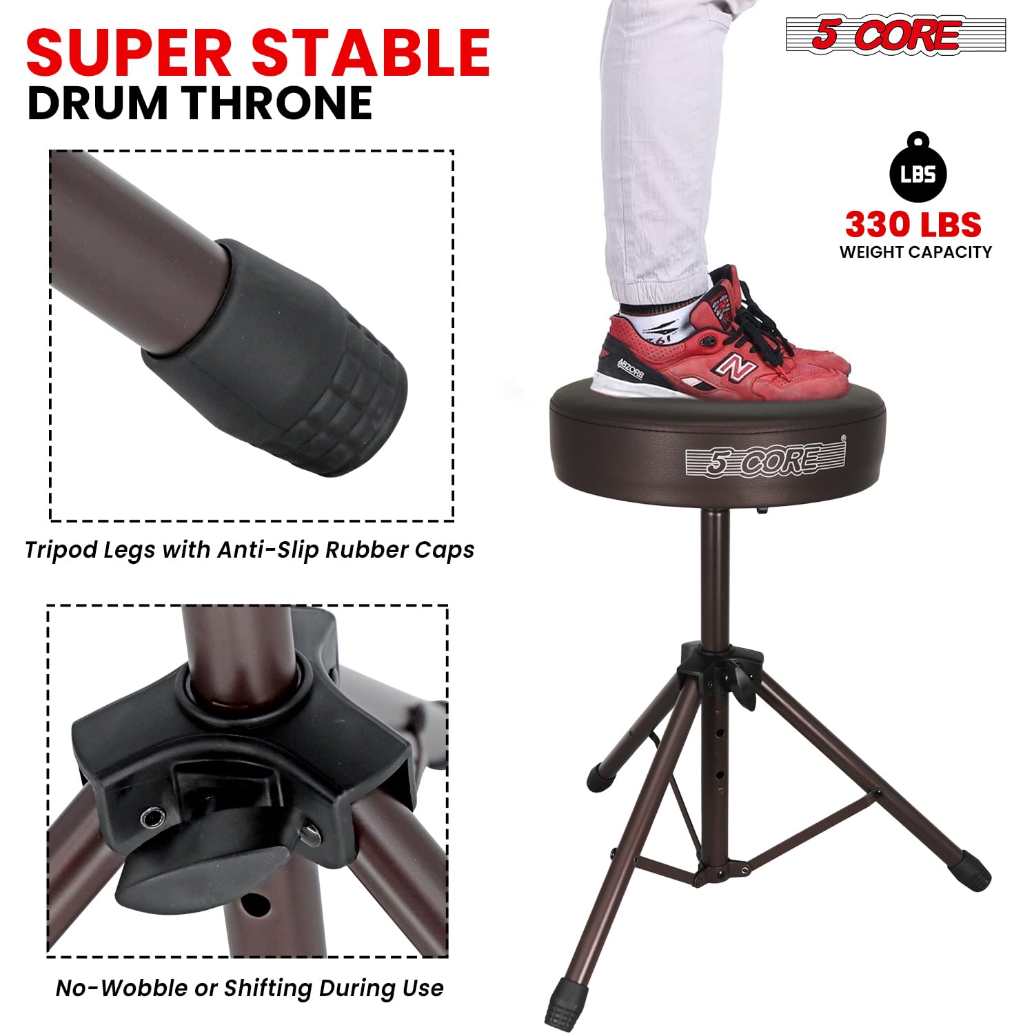 5 CORE Drum Throne Thick 3 Inch Padded Drum Seat Height Adjustable Drumming Stools with Anti-Slip Feet Musician Chair for Adults and Kids Drummers Brown – DS 01 BR