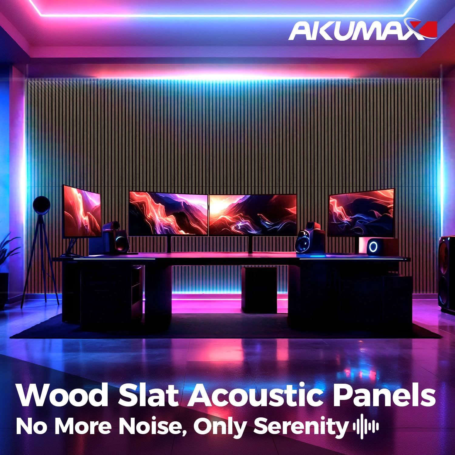 AKUMAX Extra-Thick 0.7″ Wood Slat Acoustic Wall Panels, 4 Pack 47.2″ x 23.6″, 31 ft², NRC 0.80 Sound Absorbing 3D Slat Wall Paneling with Real Wood Veneer, E0 MDF and PET Felt, Black Walnut