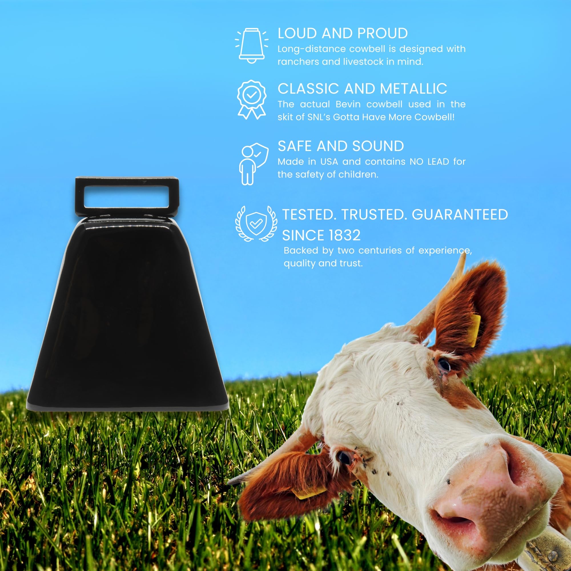 Bevin Bells Long Distance Cow Bells 10LD (Black) | Made from Steel | Loud Noise Makers | w/Black Strap Around The Handle | Made in USA