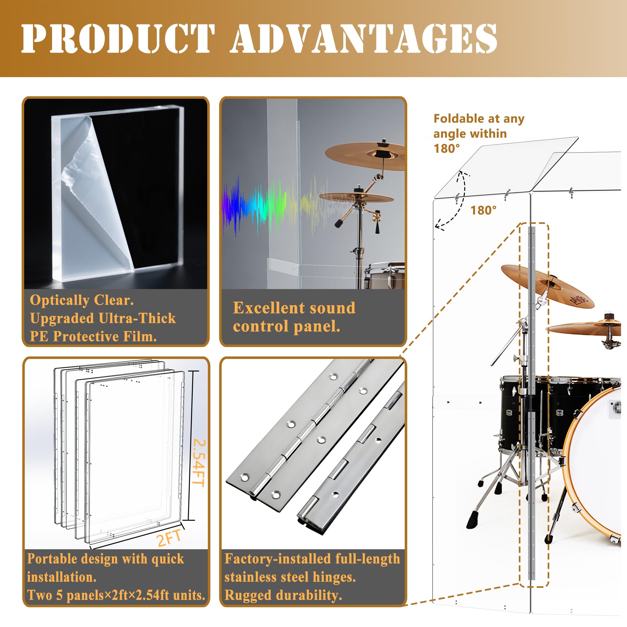 Portable Drum Shield | 5 Panels 2ft x 5ft w/Deflectors | Converts to 2ft x 6ft | Factory-Installed Full-Length Stainless Steel Hinges | Acrylic drum Sound Barrier (5 Panels w/Deflectors)