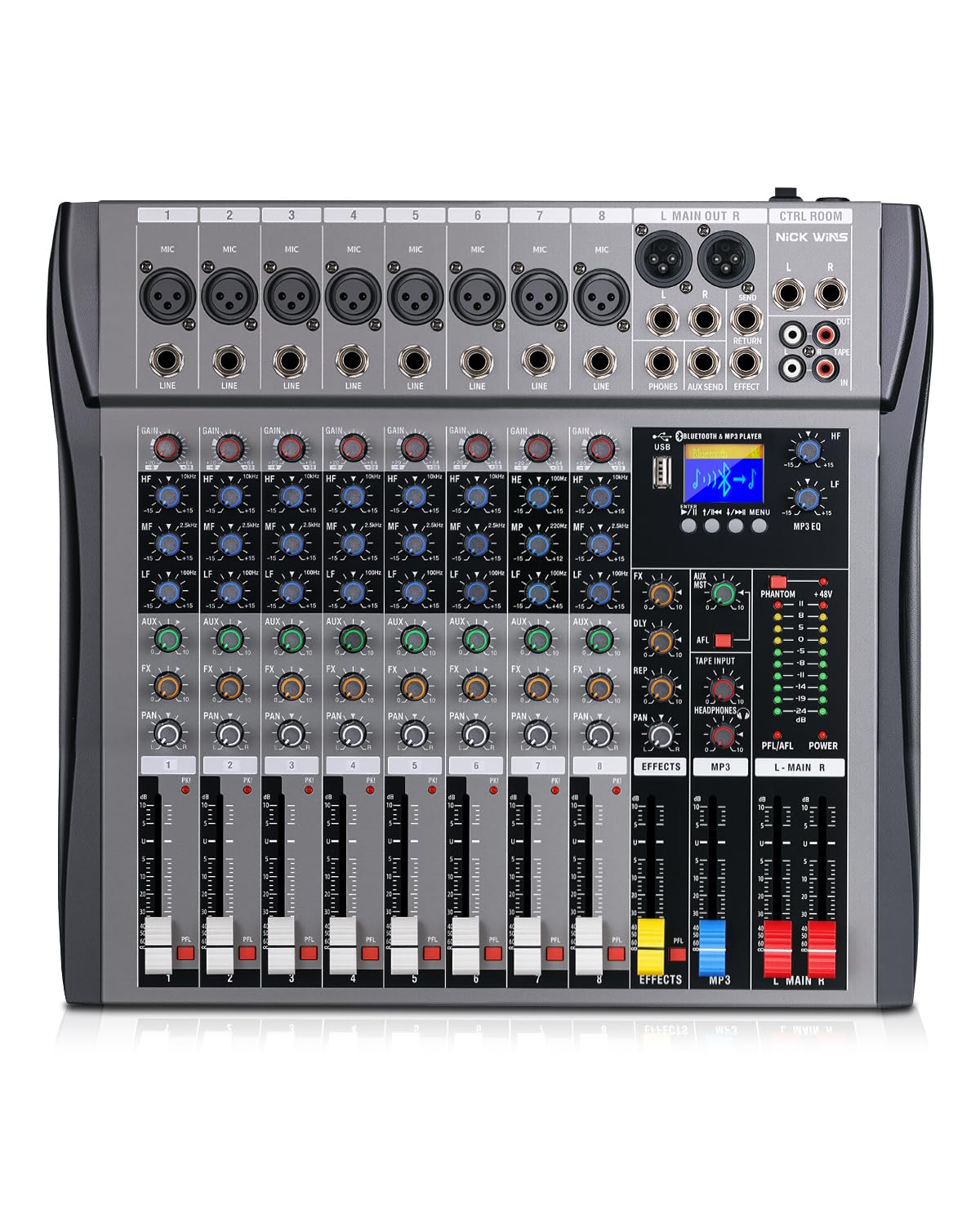 8 Channel mixer professional Audio Mixer, dj mixer with Individual Channel Control and USB Audio Recording & Editing via Computer, All-Metal mezcladora para dj (8 Channel)