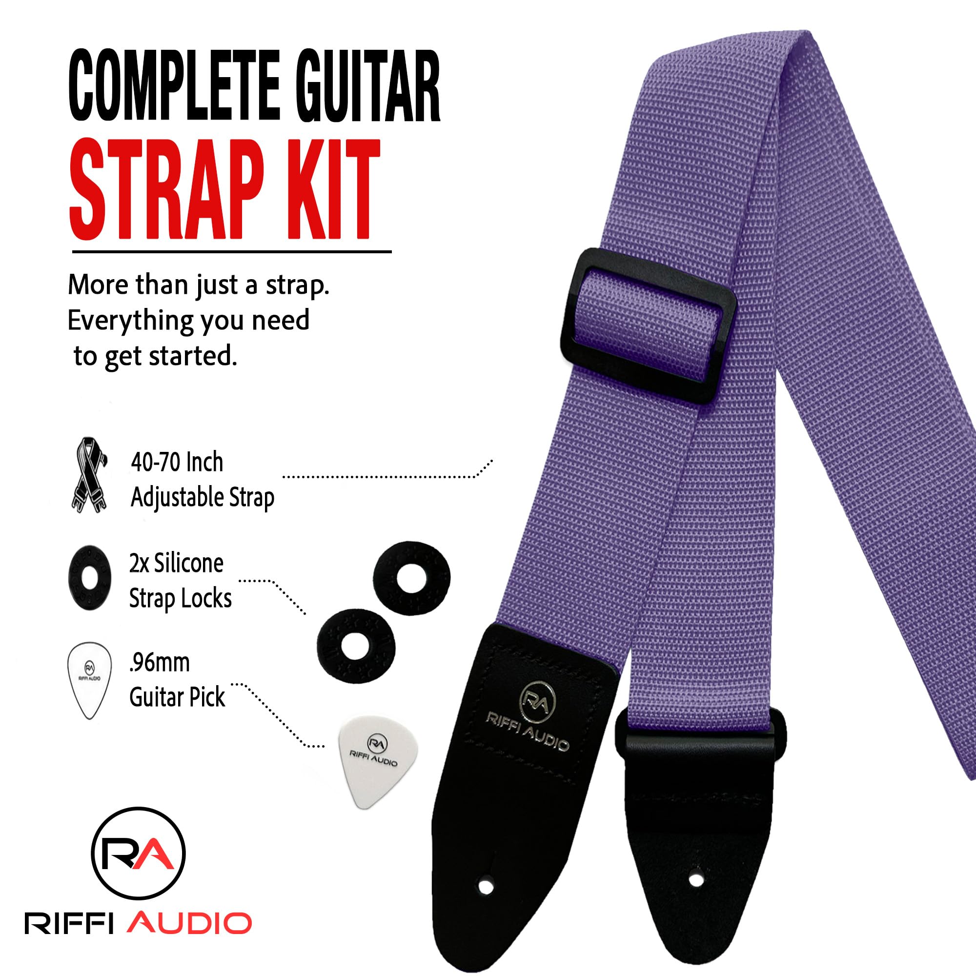 Riffi Audio Lite 1.0 Adjustable 2″ Wide Guitar Strap With Pick & Locks For Acoustic, Electric, And Bass Guitars (Light Purple)