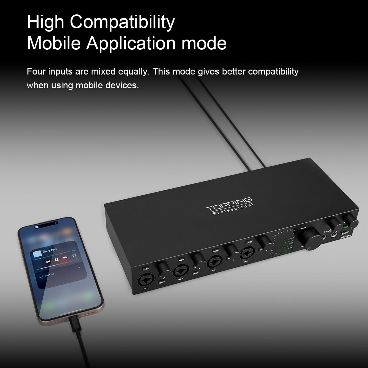 TOPPING E4X4 Pre USB Audio Interface – Dual USB-C Ports, 24bit/192kHz, 4IN/4OUT, Dual Headphone Outputs, Low Noise, Real-Time Monitoring, Mixer, for PC, Mac, iPhone, Professional Recording(Black)