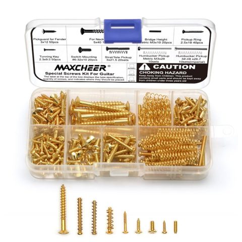 MAXCHEER 270pcs Guitar Screw Kit,Telecaster Kit, Pickguard Screws,Switch Plate Screws,Tuner,Machine Head, Neck Plate,Pickup,Bridge, Guitar Repair Parts for Fender/Tele/Strat/Sq (Gold)