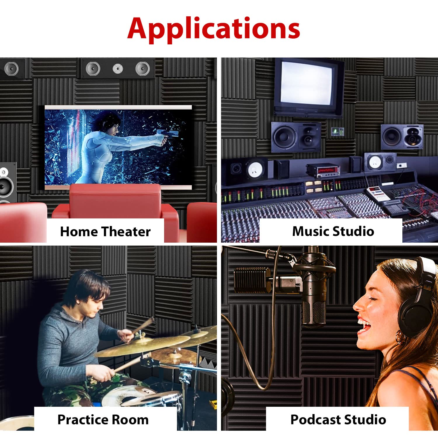 FONESO 52 Pack 1″×12″×12″ Wedge Acoustic Foam Panels, High Density Soundproof Noise Cancelling Sound Absorbing Panels with Adhesive for Home Office Recording Studio