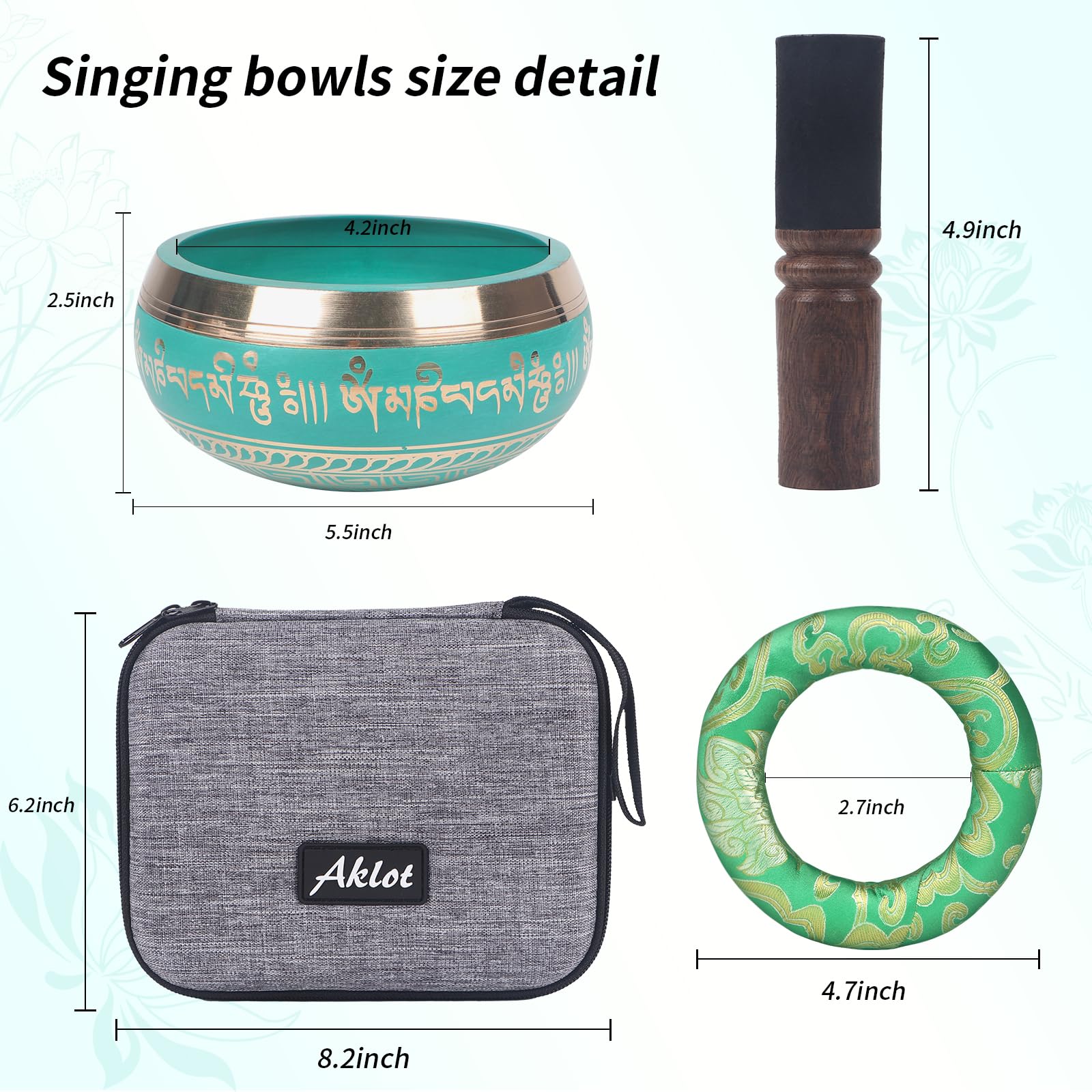 Kmise Tibetan Singing Bowls Set- Handmade in Nepal Meditation Sound Bowls for Yoga, Meditation, Mindfulness, Healing and Chakra Balancing, Stress Relief (5′, Green)