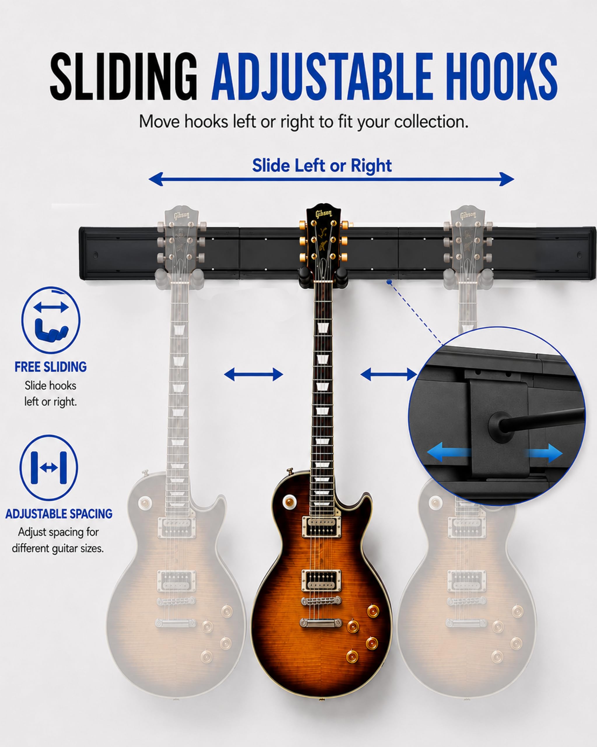 Guitar Wall Mount for Multiple Guitars, Adjustable Guitar Wall Rack with Rubber Cradles & Fixed Clips, Aluminum Guitar Hanger Organizer for Acoustic Electric Guitar, Bass, Violin, Ukulele Storage Display- 8 Hangers