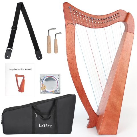 Lotkey 19 Strings Mahogany Wood Harp, Complete Accessories with Tuning Wrench,Bag,Strap,Instruction & Spare Strings, Lyre Harp for Beginners & Professionals,Ideal Musicial Gift for Decor & Performance