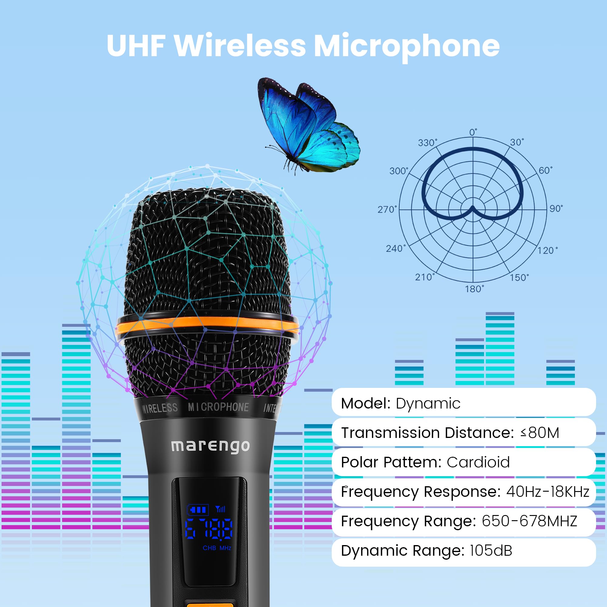 Wireless Microphones, All-Metal Dual UHF Mics, 40H Battery, 260FT Max Range