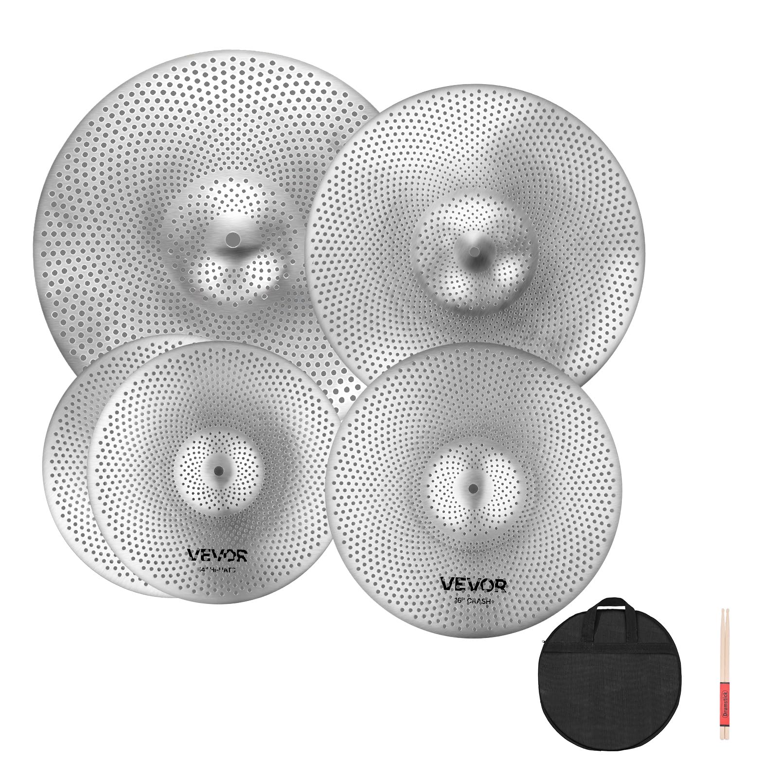 VEVOR Low Volume Cymbal Pack, 5Pcs Quiet Cymbals for Drum Set, 14” Hi-Hats, 16” Crash, 18” Crash, 20” Ride, Alloy Drum Cymbals Includes Free Drumsticks, Mute Pads & Bag, for Drummer Practice
