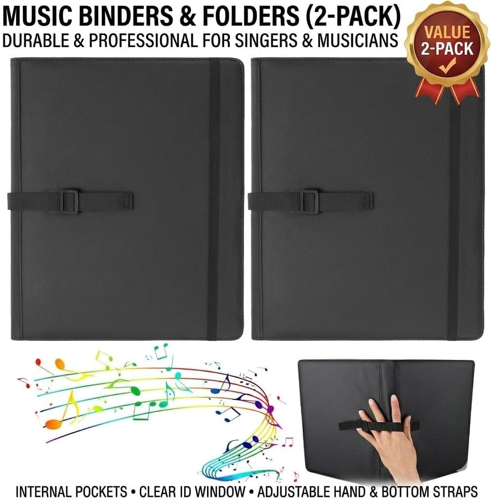 AllMyHomy Choir Sheet Music Binder 3 Ring, Choir Music Folder with Hand Strap & Pockets, Fits Letter Size 8.5″ x 11″ & A4 Sheets, Organizer for Choral Performances, Concerts & Band, PU,Black,2 Pack