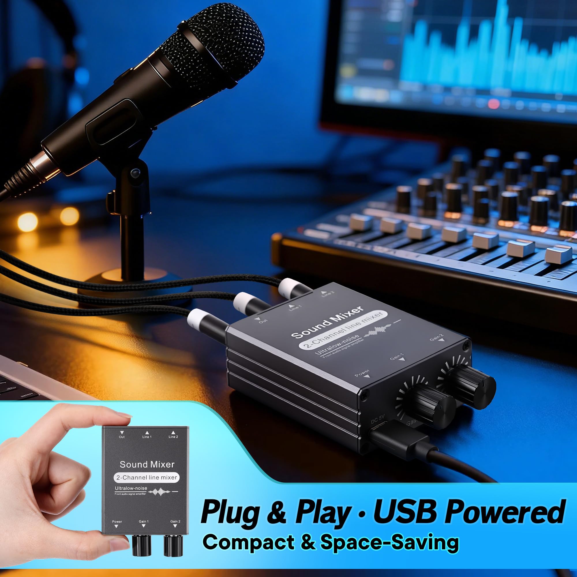 Hohean 2 Channel Stereo Audio Mixer, 3.5mm 2 In 1 Out, Dual Volume Control