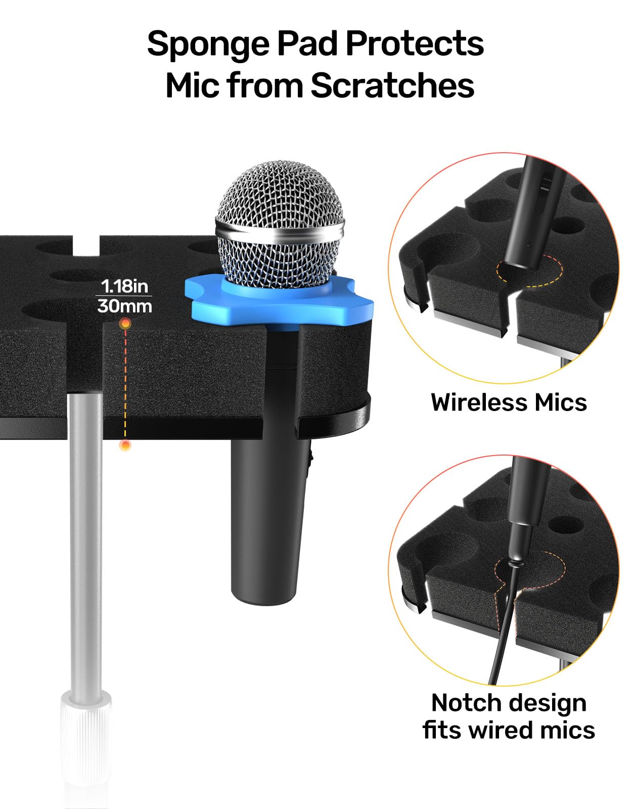 Multi Mic Holder for Stand, Organizer for 8 Mics, Aluminum/Foam Protection