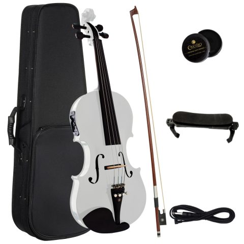 Cecilio 4/4 Full Size Acoustic & Electric Violin for Beginners & Professionals, Hand-Carved Solid Spruce Top, Ebony Fine Tuners, Full Set with Case, Bow, Rosin & AUX Cable (Pearl White)