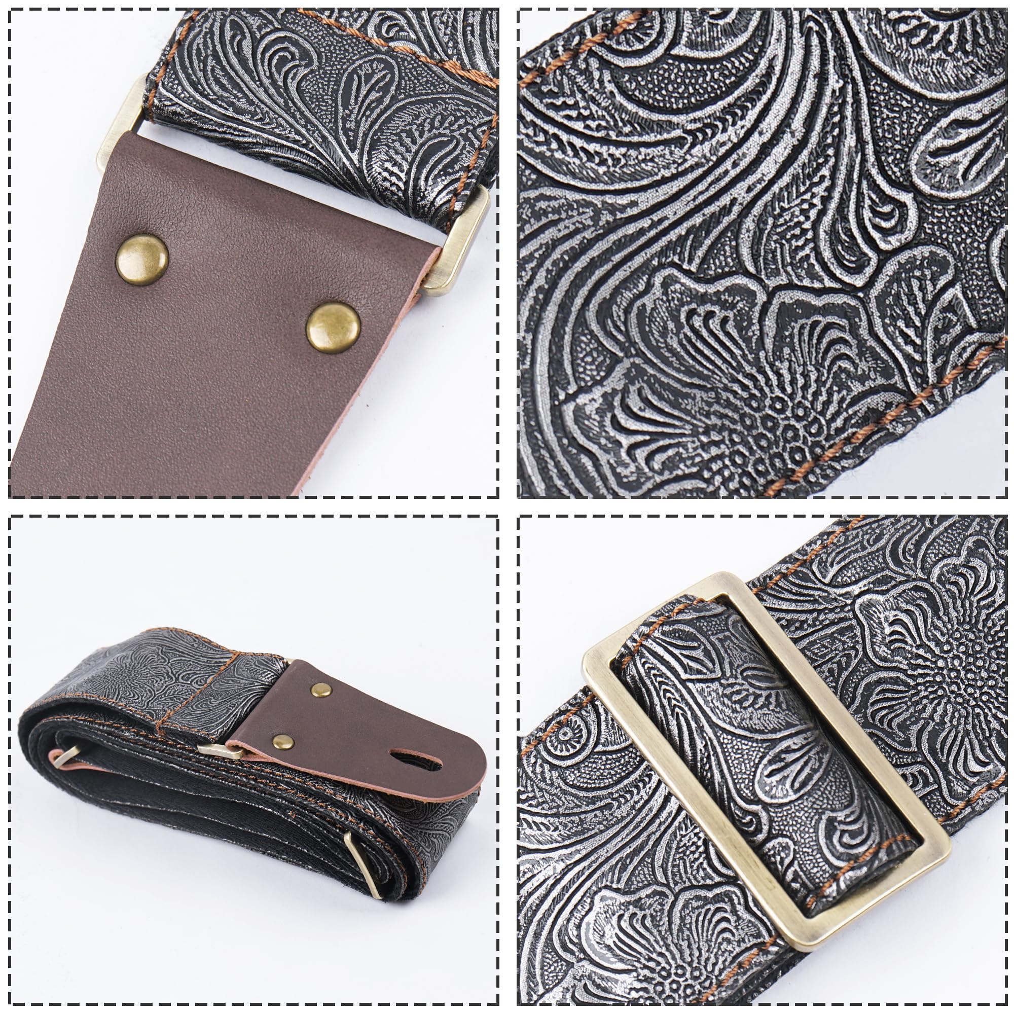 LIZIMANDU Adjustable Guitar Strap Includes 2 Strap Locks & 2 Matching Picks & 1 Picks Holder & 1 leather Strap Button(1-Carving Silver)