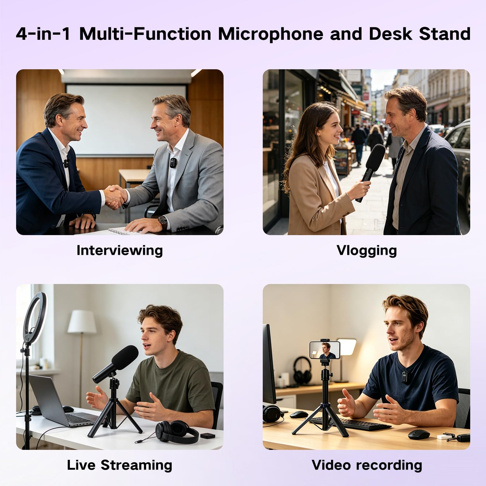 YUANRAN 4-in-1 Mini Wireless Lavalier Microphone & Desk Stand,Interview Handheld Microphone for iPhone/Android/Tablets,Mini Mic with Charging Case for Podcast,Streaming