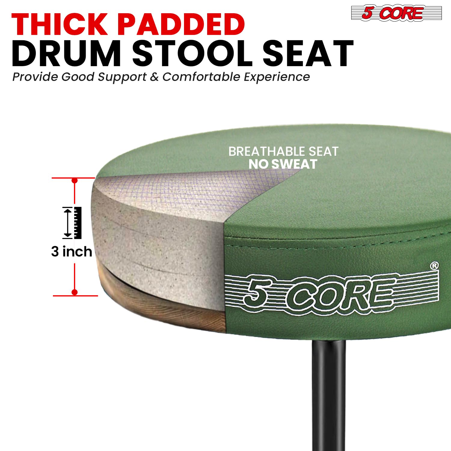 5 CORE Drum Throne Padded 3″ Seat Adjustable Drumming Stool Deep Green