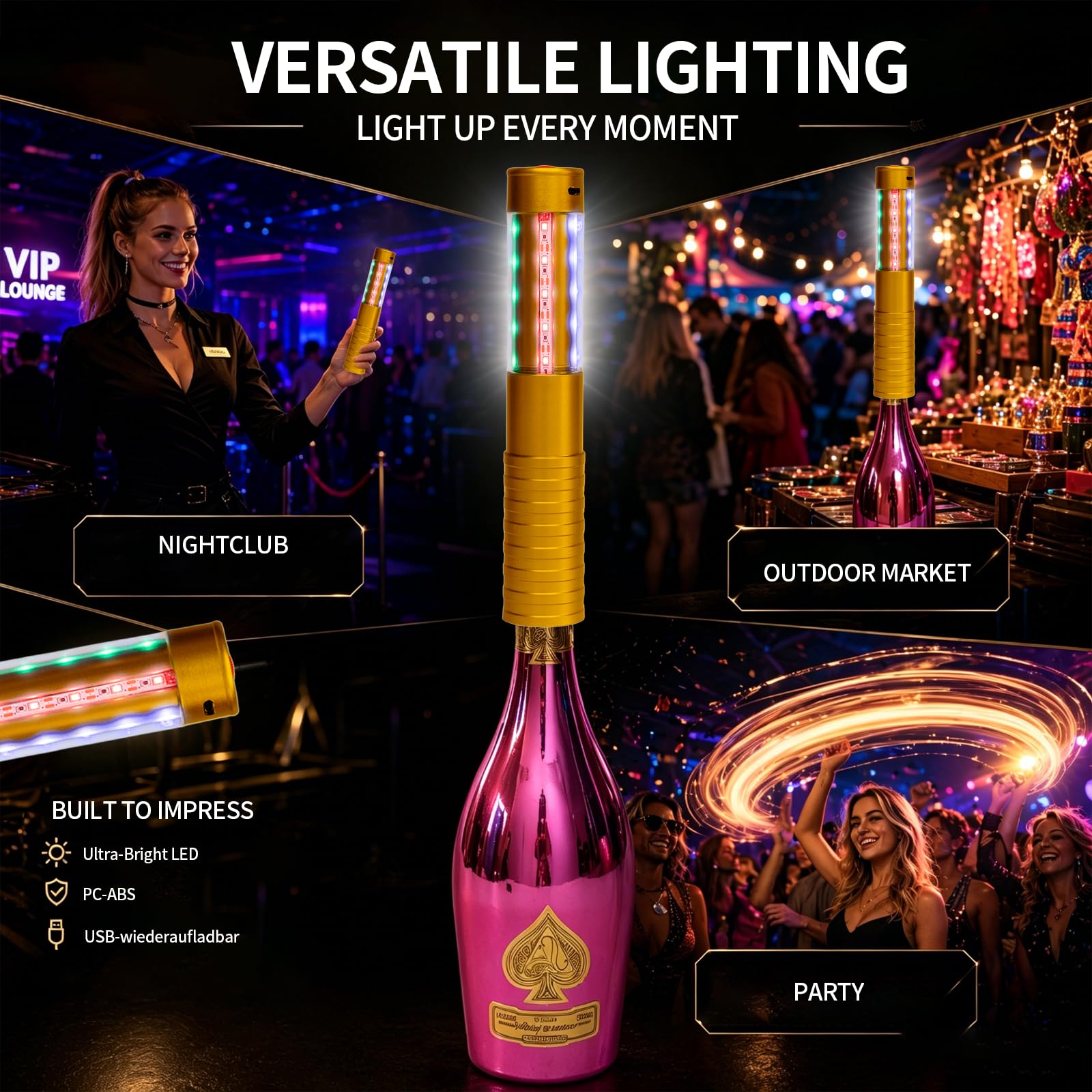 Strobe Bottle Girl Lights LED Bottle Service Lights Baton Reusable Rechargeable Service LED Champagne 2 Pcs for Bar Club Birthday Weddings Parties (Gold PC-Abs Colored Light 2Pcs)