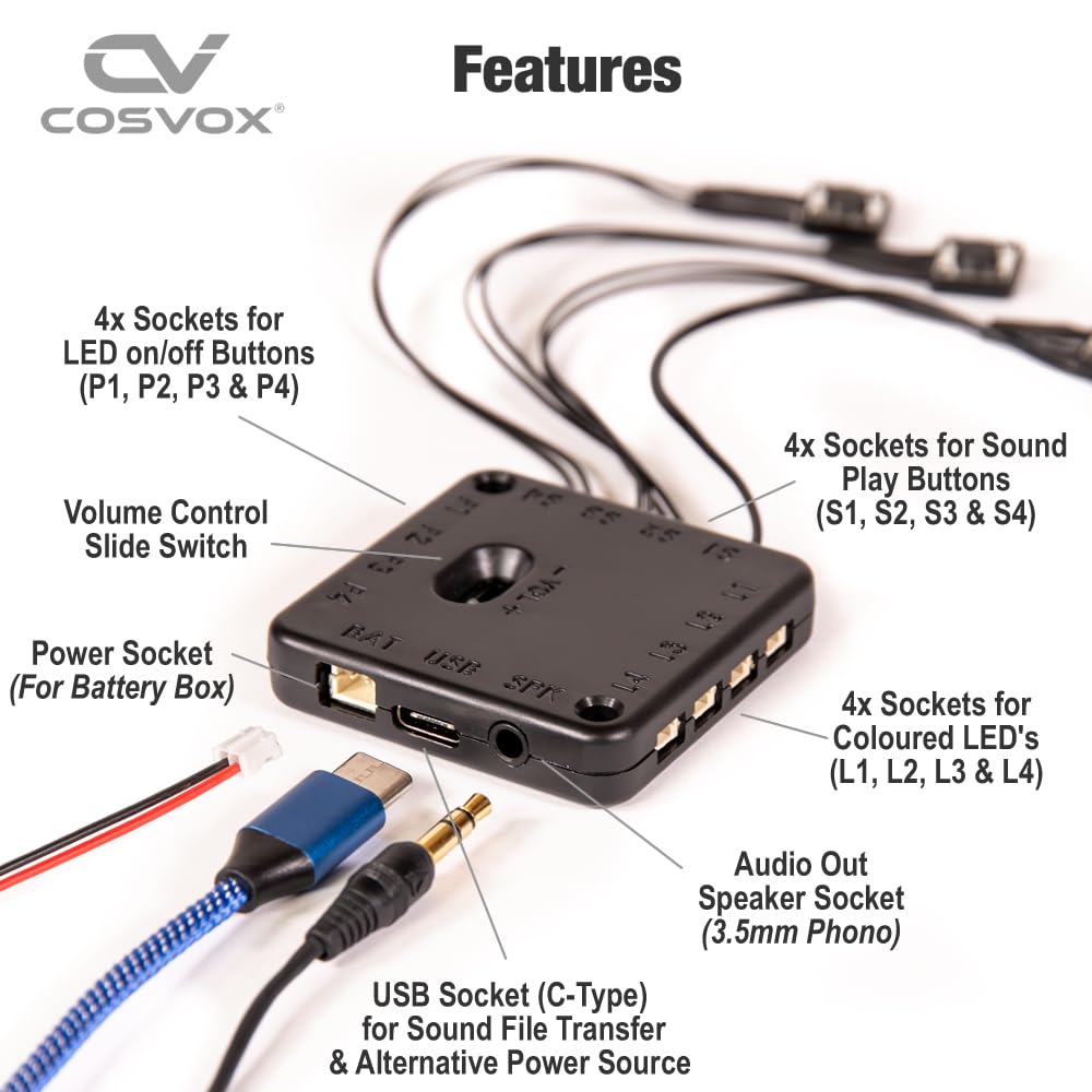 COSVOX Cosplay Sound Effects Module. DIY Audio MP3 Sound Chip with 4 Push Buttons, 8MB Memory. Add Sound Effects or Music to Your Cosplay Costume Accessories, Crafts, Props and Replicas.