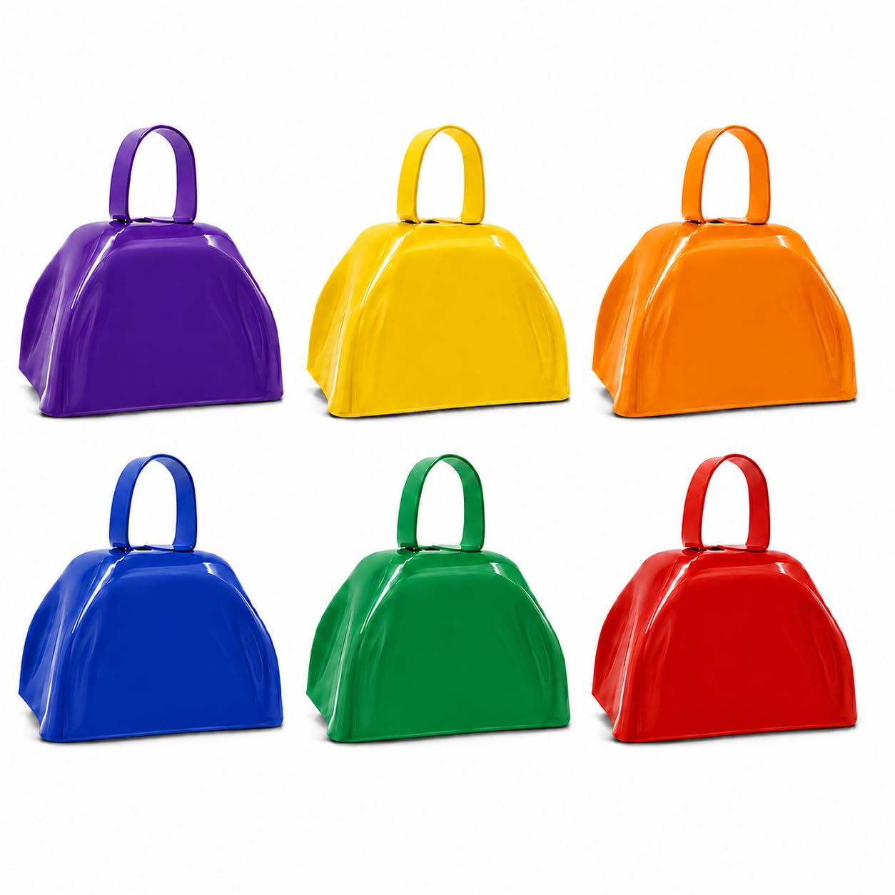 The Dreidel Company Assorted Color Metal Cowbell Noisemaker Cheering Bell, New Years, School Classroom, Wedding Bells & Chimes Percussion Musical Instruments Call Bell Alarm, 3″ (6-Pack)