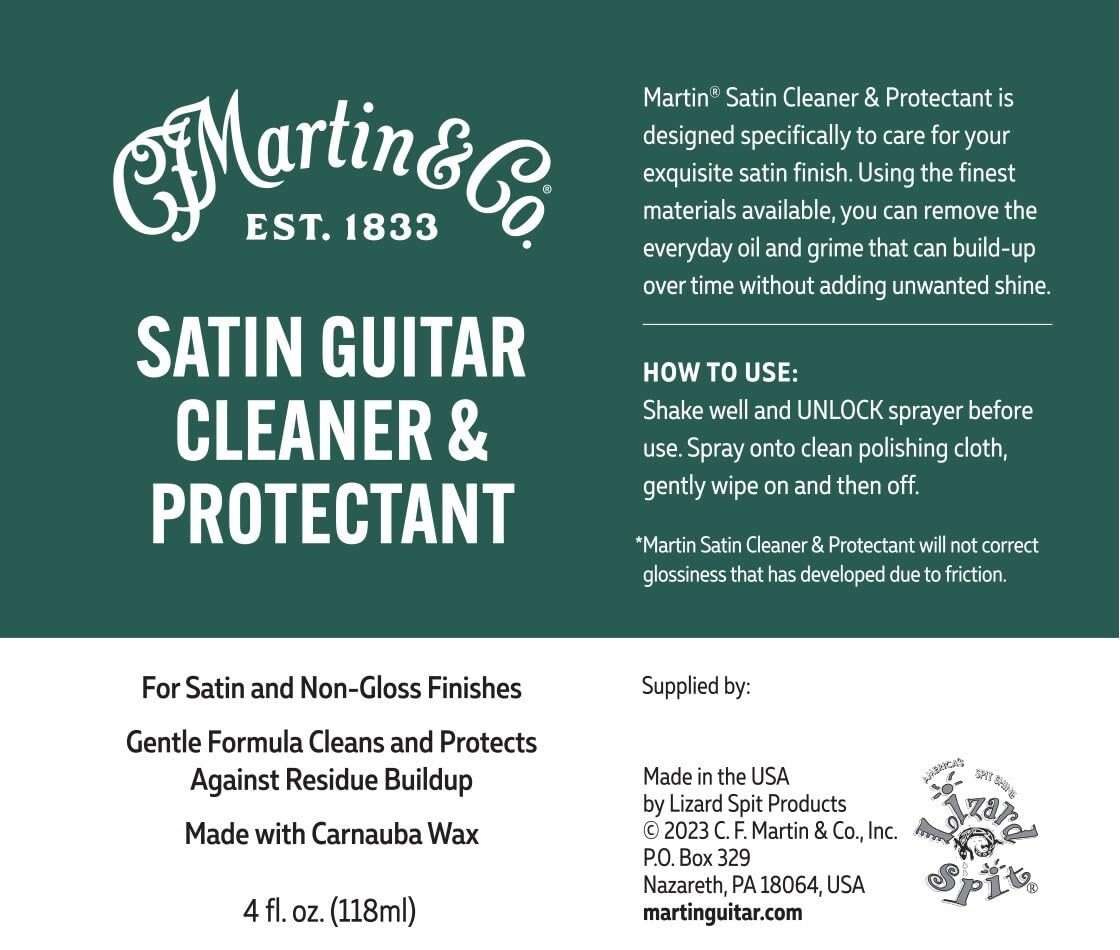 Martin Satin Guitar Cleaner & Protectant – 4 oz Spray Bottle | Cleans and Protects Without Added Shine | Made with Carnauba Wax for Satin Finishes