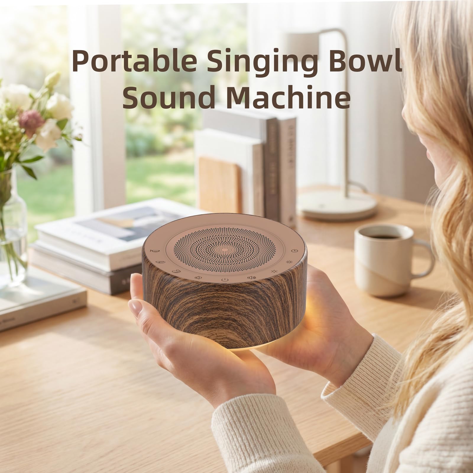 Tibetan Meditation Singing Bowl Sound Machine, 11 Authentic Singing Bowl & Relaxing Sounds, Premium Wood-Style Design, 7-Color Night Light, Timer & Memory, for Meditation, Yoga, Sleep & Mindfulness