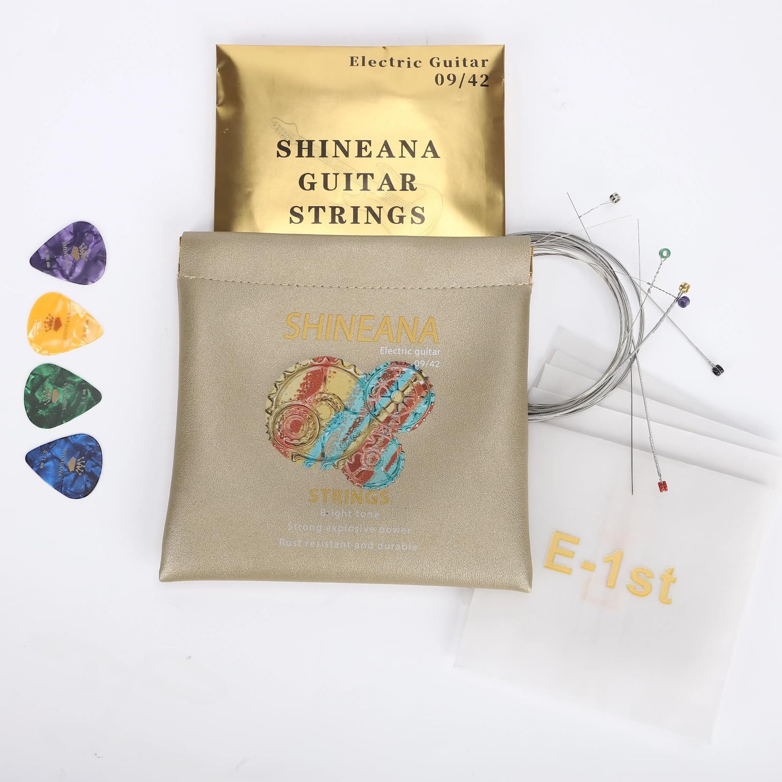 Electric Guitar Strings, Handmade Nickel Plated Hex Steel Colorful Ball End-6 String-with reusable soft leather pouch,Radiant Tone, Explosive Power (Gold(9/42))