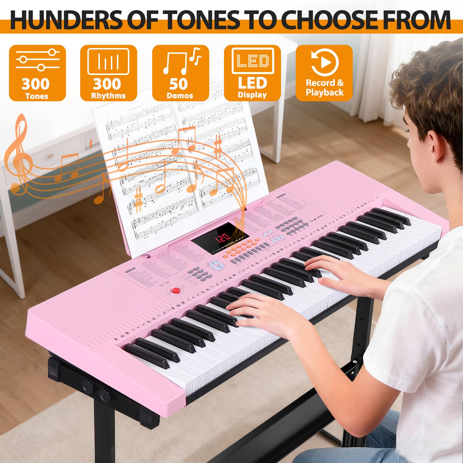 Smartxchoices 61-Key Electronic Keyboard Piano Stand Portable LED Display Keyboard Kit with Adjustable Stand, Adjustable Stool, Headphones, Microphone & Music Rest, Pink