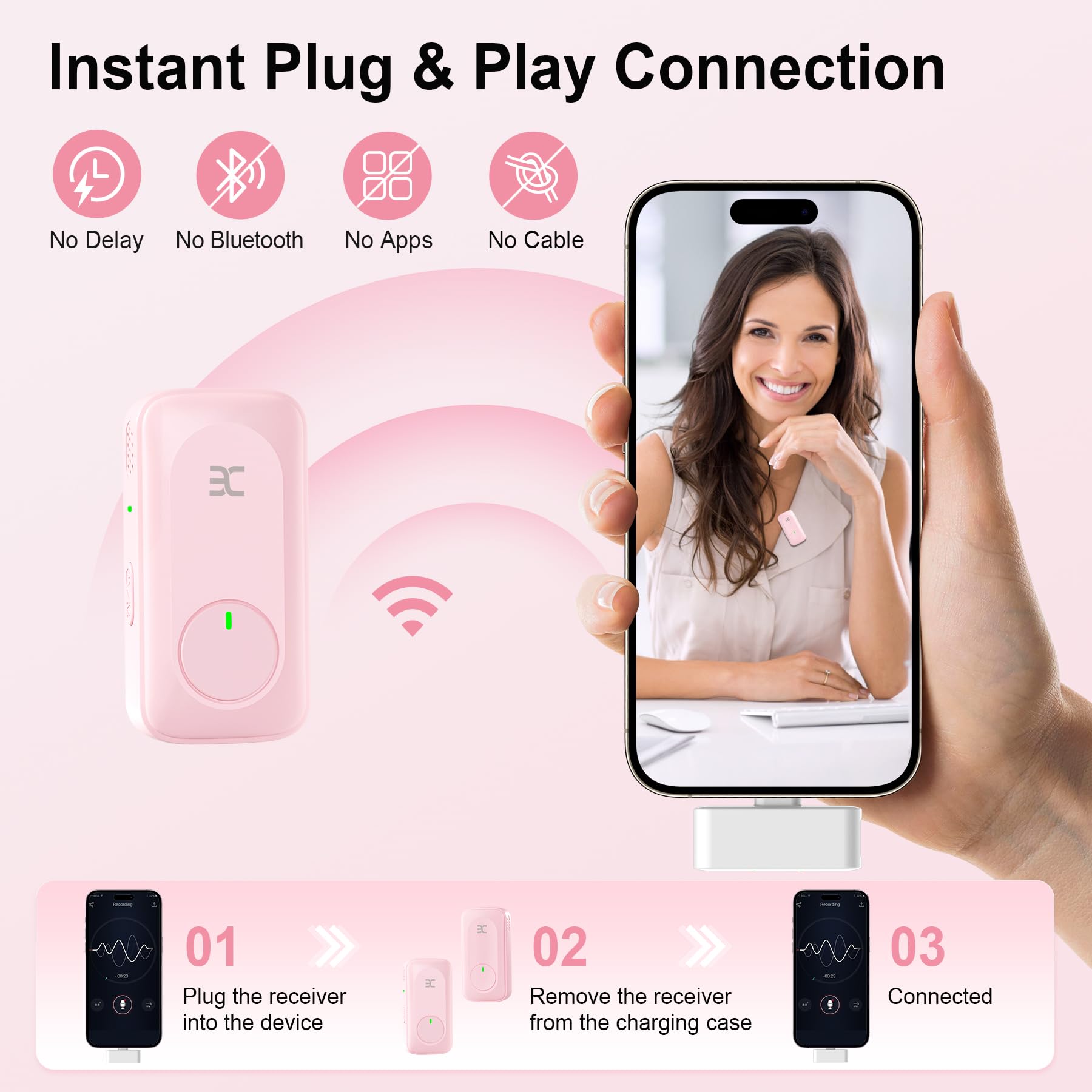 EX Wireless Lavalier Microphone System, Dual Clip-On Mics + Charging Case, 164ft Range Plug-and-Play for iPhone/Android, Advanced Noise Reduction, 48H Runtime-Video Recording, TikTok, YouTube, Pink