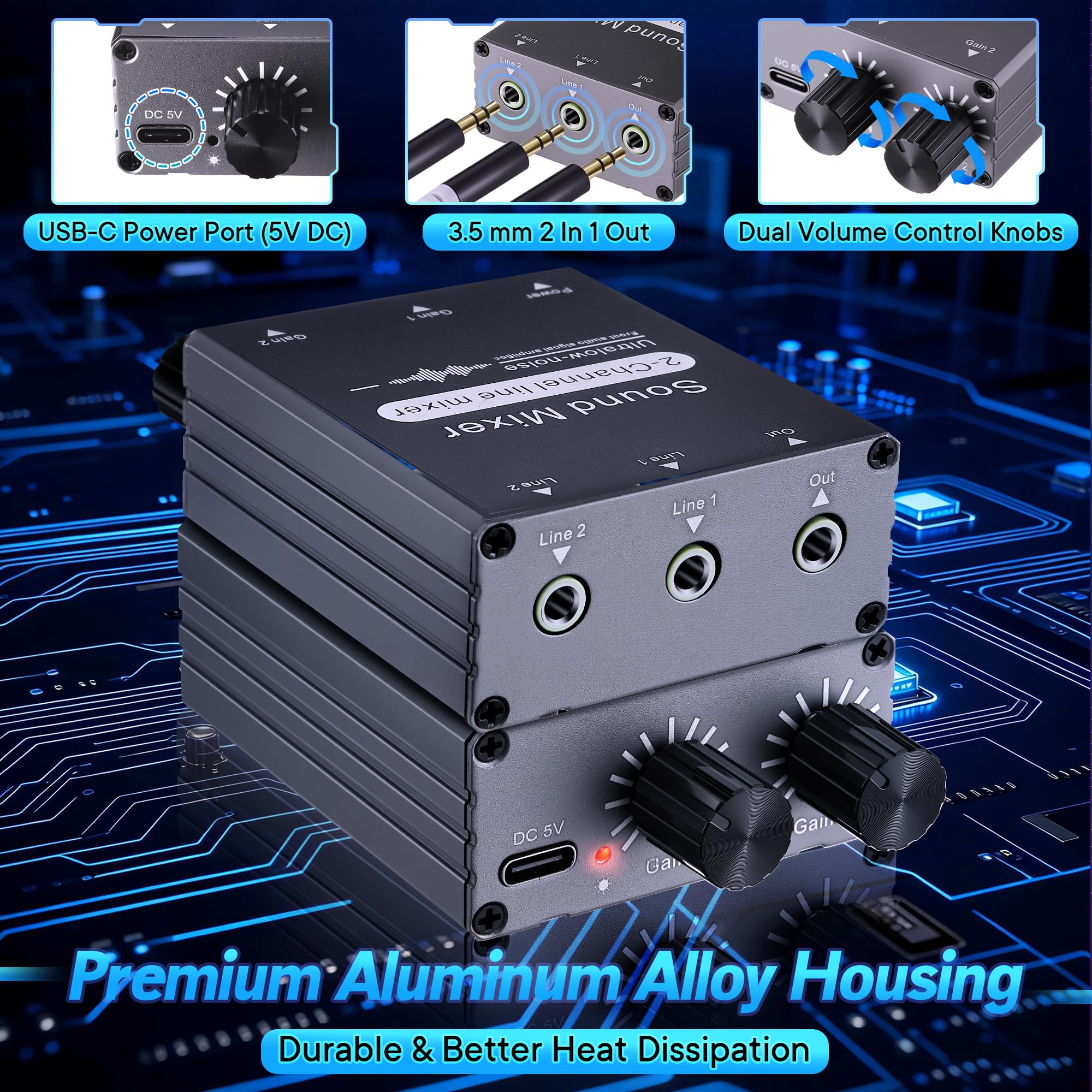 Hohean 2 Channel Stereo Audio Mixer, 3.5mm 2 In 1 Out, Dual Volume Control