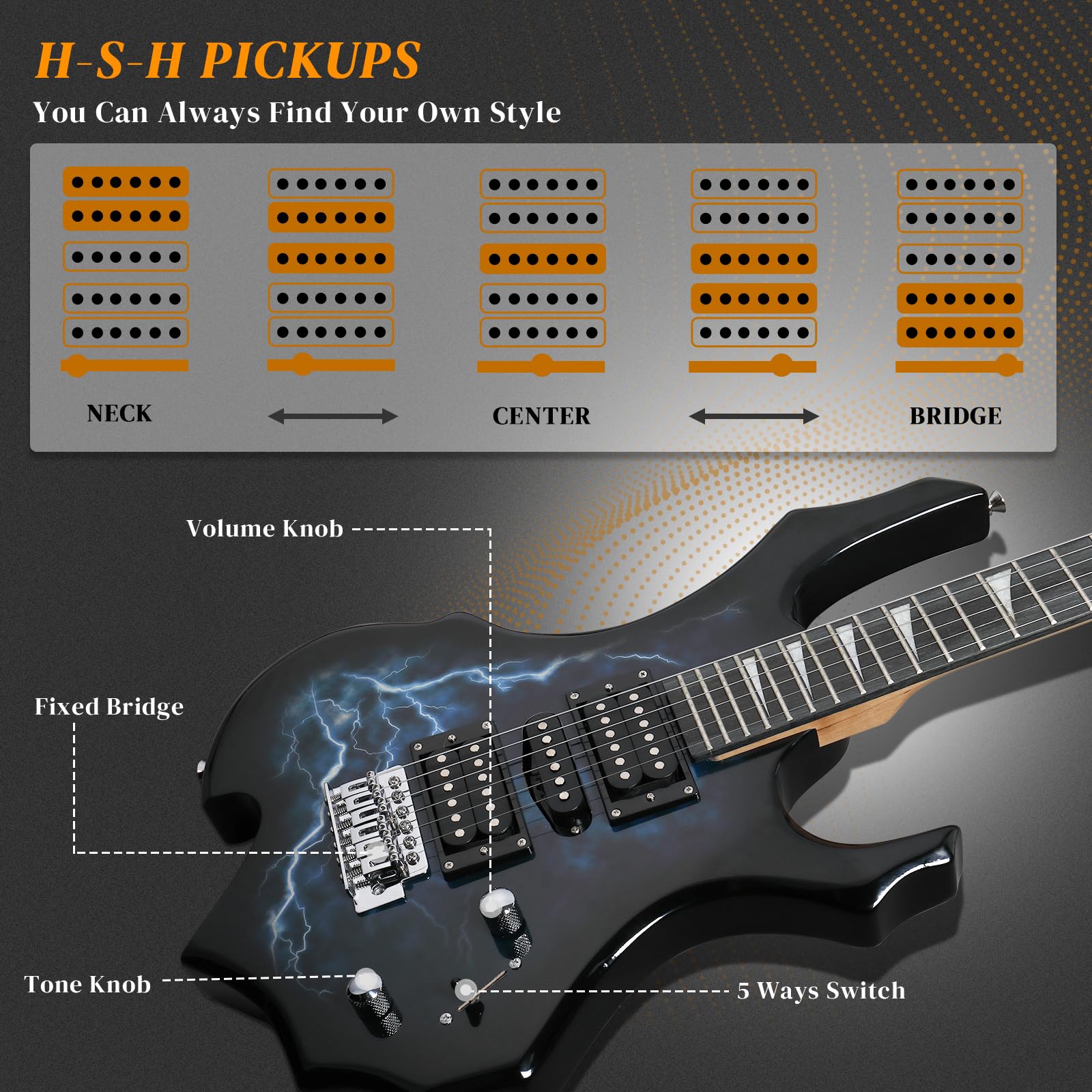 Ktaxon Burning Fire Design Full Size Electric Guitar Kit, Lightning Black