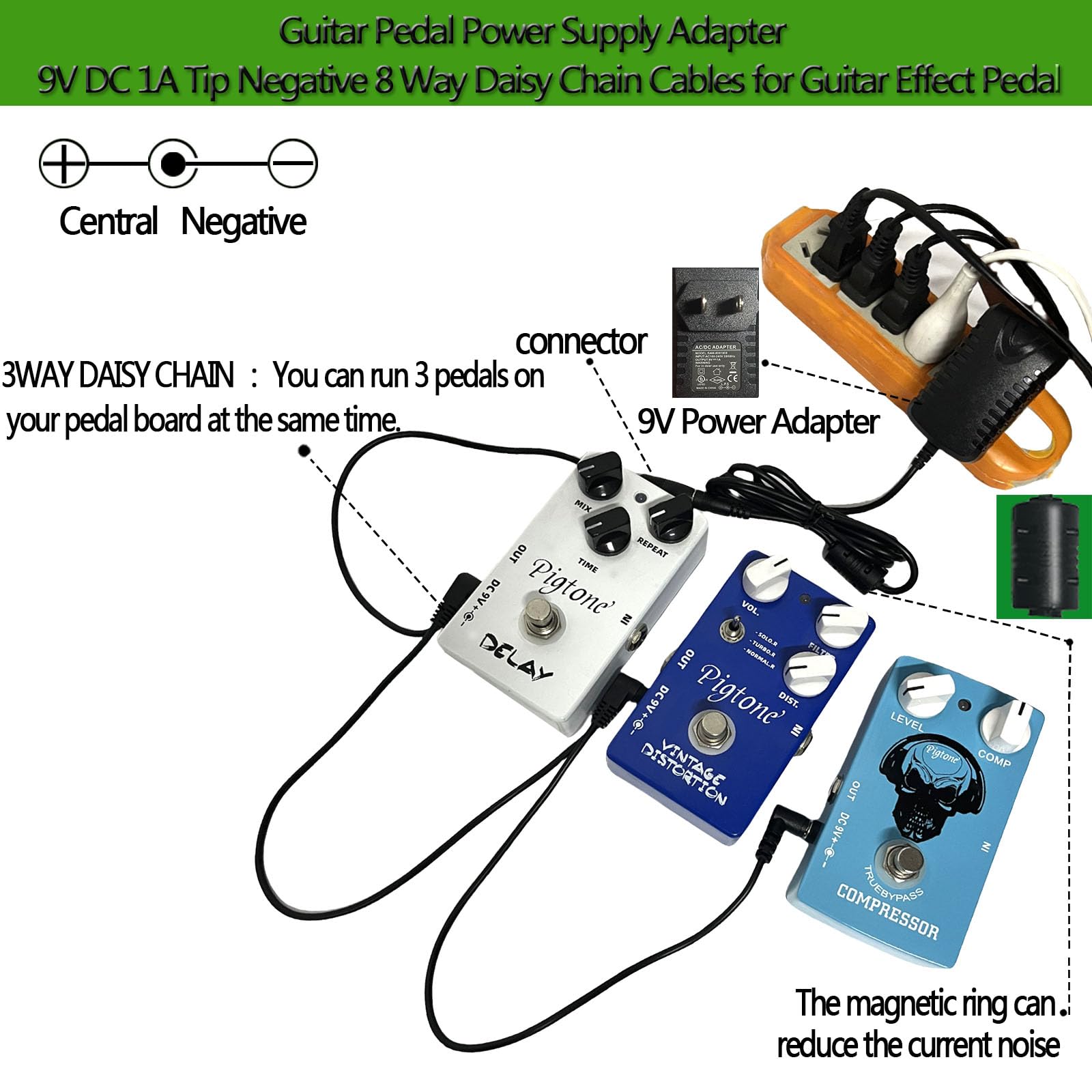 Pigtone Guitar Pedal Power Supply Adapter 9V DC 1A Tip Negative 3 Way Daisy Chain Cables for Guitar Effect Pedal(Tip Negative)