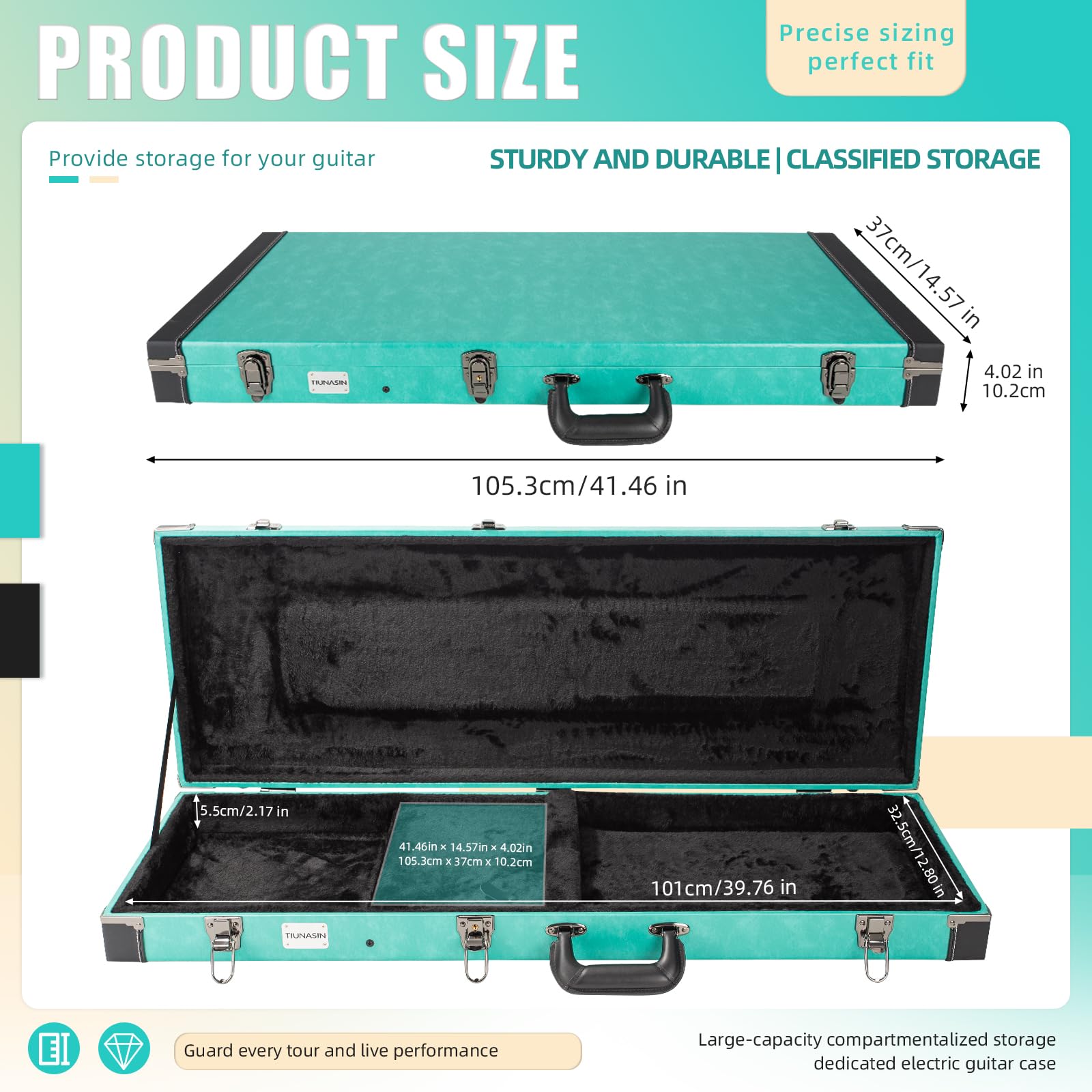 TIUNASIN Electric Guitar Hard Case for 39-Inch ST Electric Guitars, Green Denim Leather Trim Design | Rectangle Wooden, Hard Shell Protective Guitar Case with Lock Latch and Padding