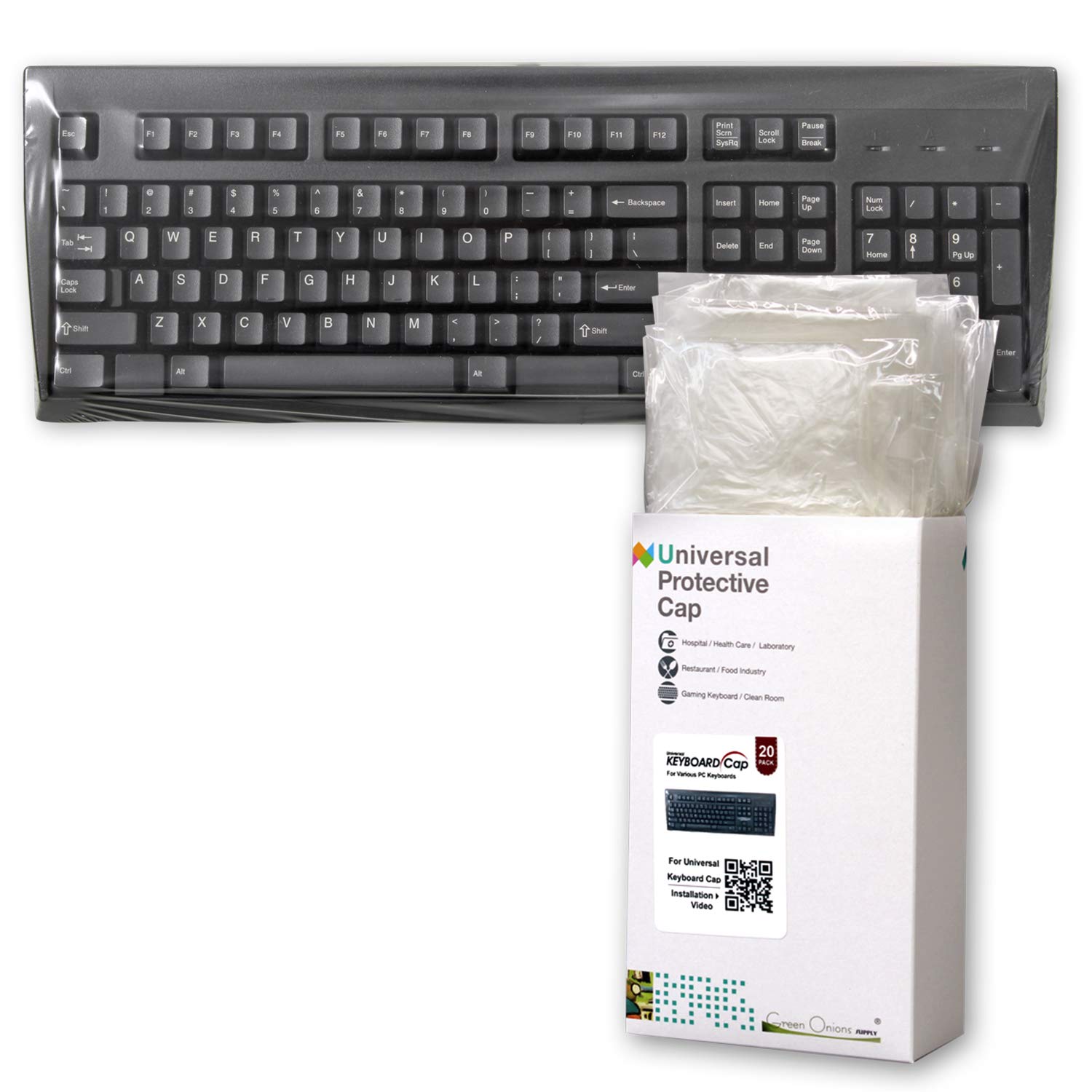 Green Onions Supply Universal KeyboardCap. Fully Covered Flat Style 0.025mm Waterproof Anti-Dust Desktop Keyboard Cover with Numeric Hospital/Dentist Use (10x Value 20packs)