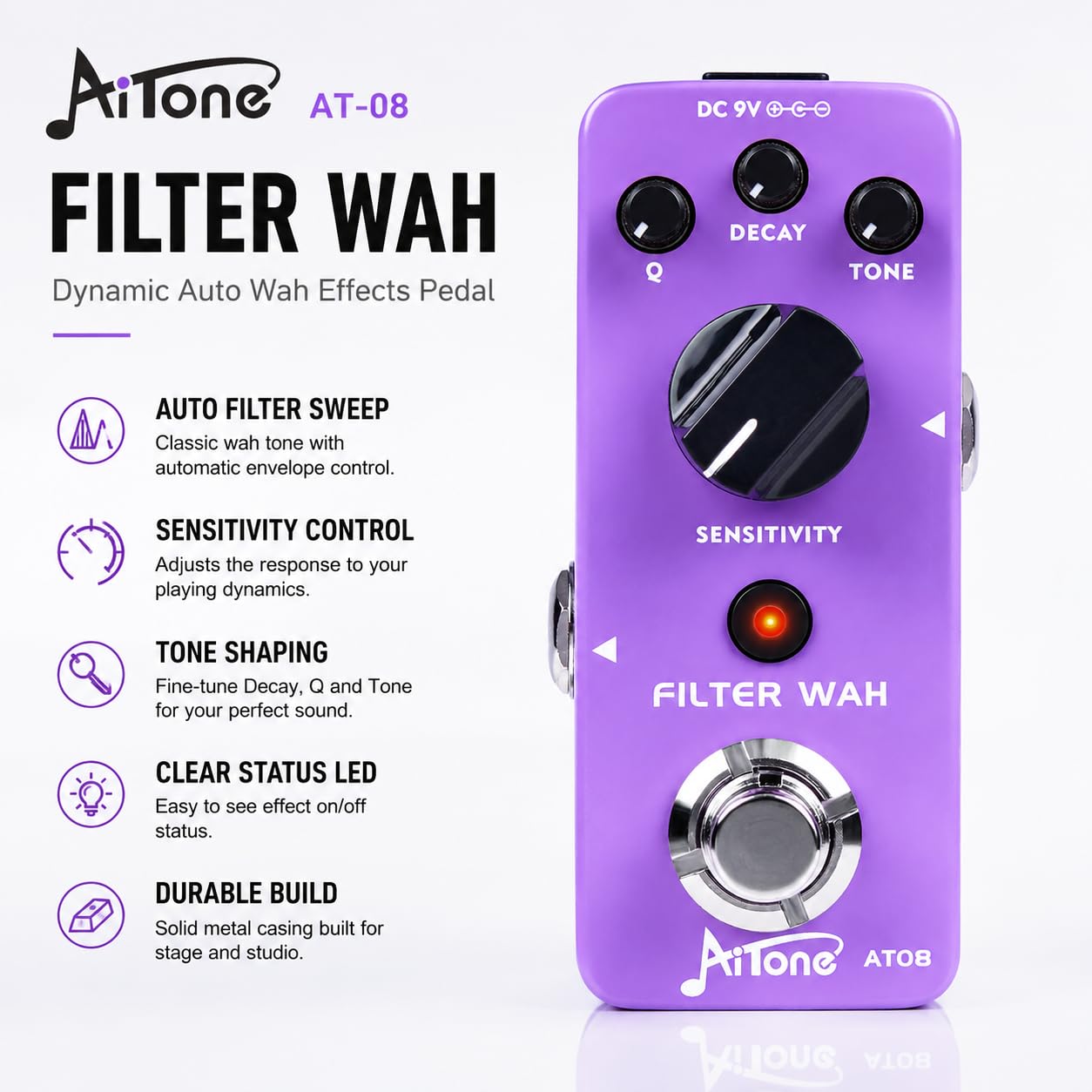 AITONE Auto Wah Pedal, Envelope Filter for Electric Guitar and Bass AT-08