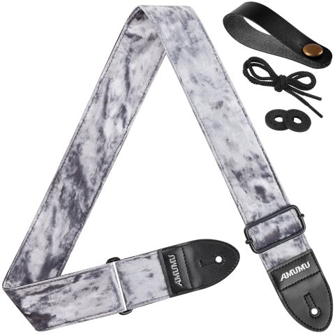 Amumu Flocked Velvet Guitar Strap with Microfiber Leather Ends – Guitar Accessories – Fits Acoustic, Electric Guitar and Bass – Silver
