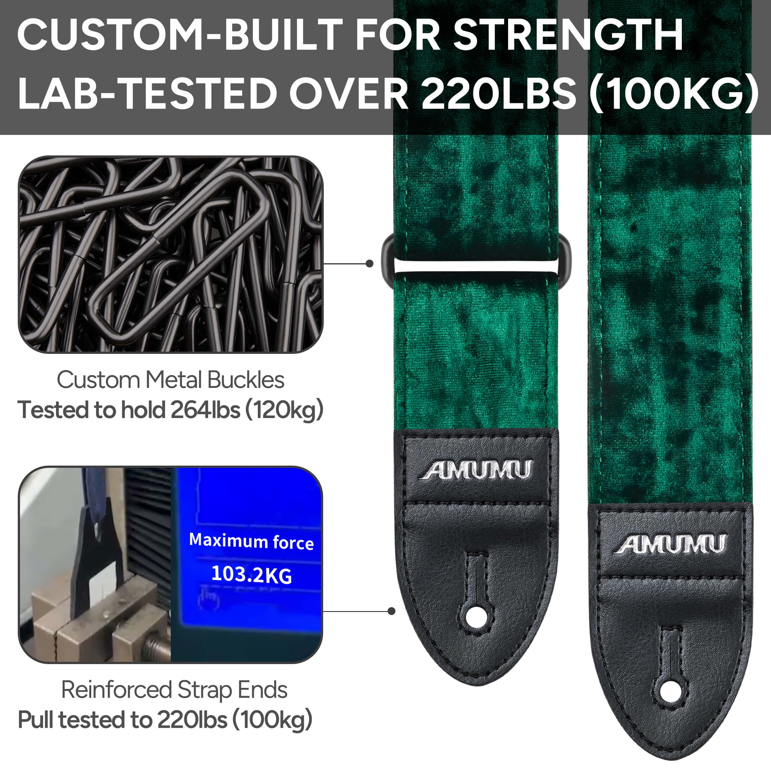 Amumu Flocked Velvet Guitar Strap with Microfiber Leather Ends – Guitar Accessories – Fits Acoustic, Bass and Electric Guitar – Green