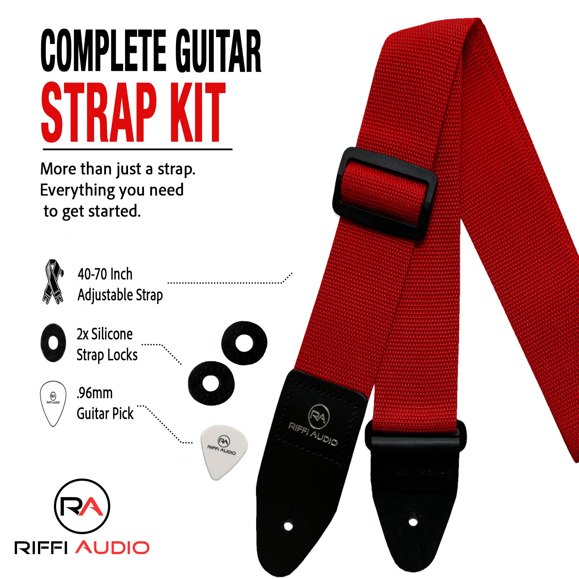 Riffi Audio Lite 1.0 Adjustable 2″ Wide Guitar Strap With Pick & Locks For Acoustic, Electric, And Bass Guitars (Red)