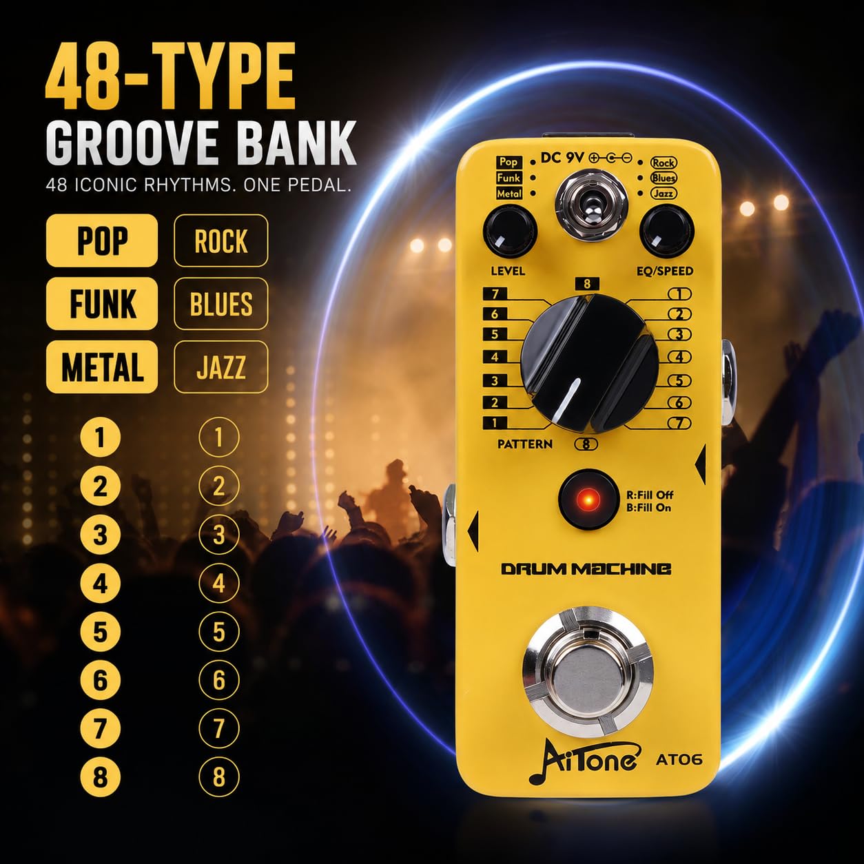 AITONE AT-06 Drum Machine Guitar Pedal with Real-Time Fill Function 48 Drum Grooves 6 Music Styles & Tap Tempo EQ Presets for Electric Guitar