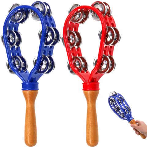 Eorbow 2 Pack 12″ Tambourine for Adults, Double Row Metal Jingles Hand Held Tambourine, Plastic Wooden Hand Percussion Instrument, Musical Bells for School Party Church Concerts