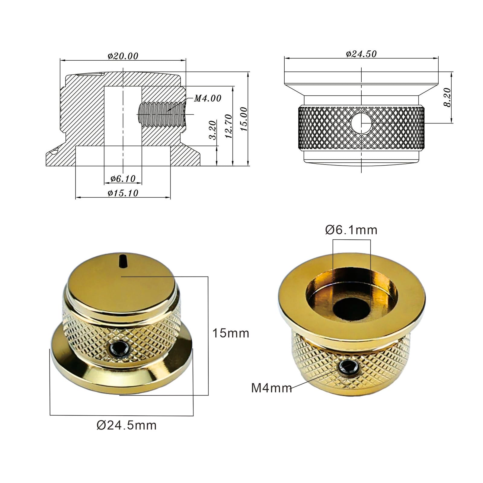 OVSAL 2PCS Electric Bass Guitar Metal Knobs Flat-top Hat-Shaped Volume Tone Control Knobs with Fastening Screw Compatible with Fender Strat Telecaster Les Paul Electric Guitars or Basses(Gold)