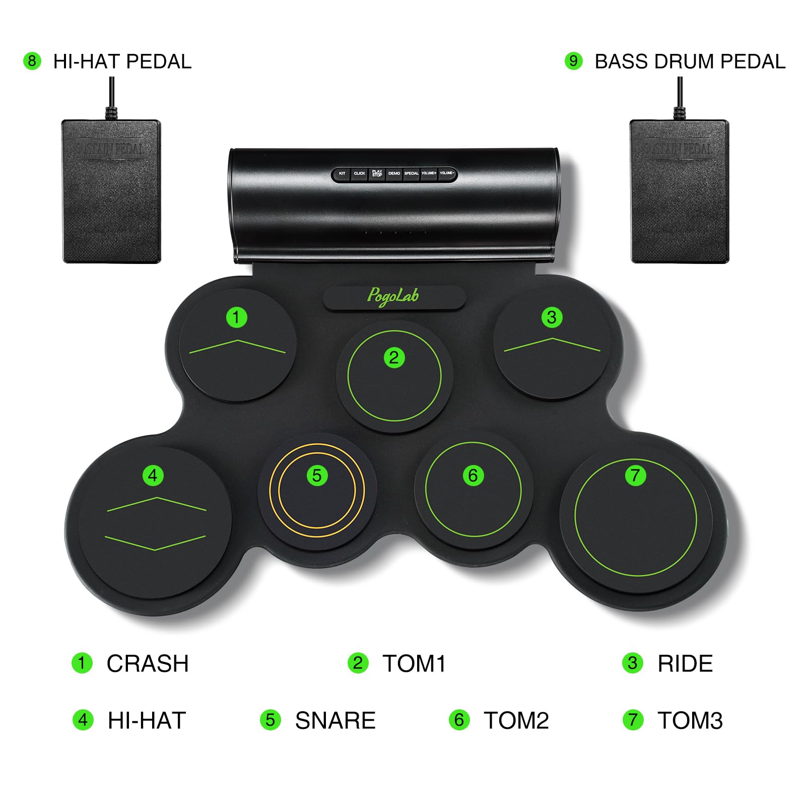 POGOLAB Electronic Drum Set, 7 Pads Roll Up Electric Drum Pad with Wireless Function, Portable Rechargeable Midi Drum Kit with Speaker/Pedals/Headphone Jack, Great Holiday Gift for Beginner (Green)