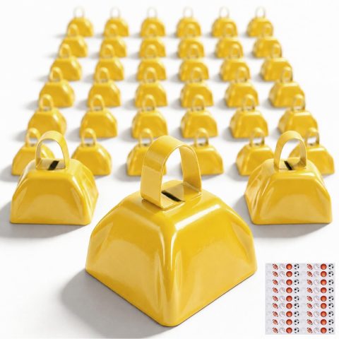 54 Pack Small Cow Bells for Sporting Events, Metal Cow Bells Bulk with Handle, 3 Inch Compact Noise Makers for Football Games, School Pep Rallies, Weddings and Parties, Yellow