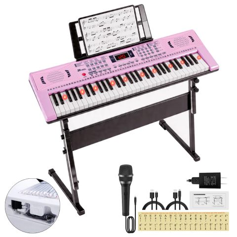 Electronic Keyboard Piano 61 Lighted Keys for Kids (Pink with Stand)