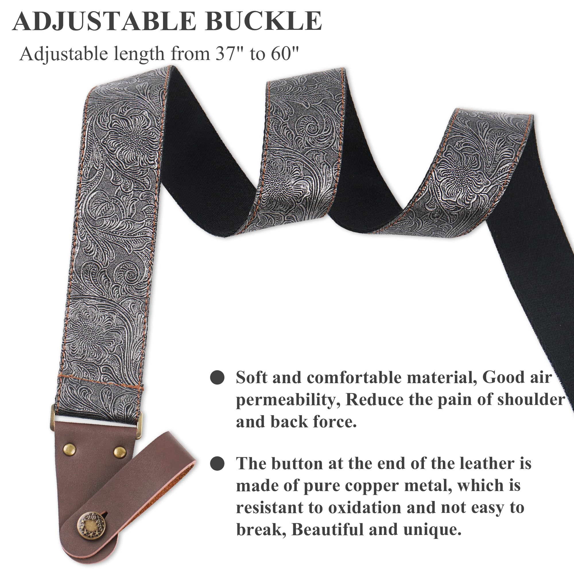 LIZIMANDU Adjustable Guitar Strap Includes 2 Strap Locks & 2 Matching Picks & 1 Picks Holder & 1 leather Strap Button(1-Carving Silver)