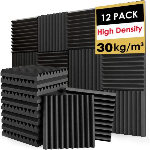 FONESO Acoustic Panels, High Density Soundproof Foam Panels for Walls, Sound Absorbing Panels, Acoustic Foam Panels Fire Resistant for Studio Recording (Black&Grey, 1″x12″x12″ 24Pack)